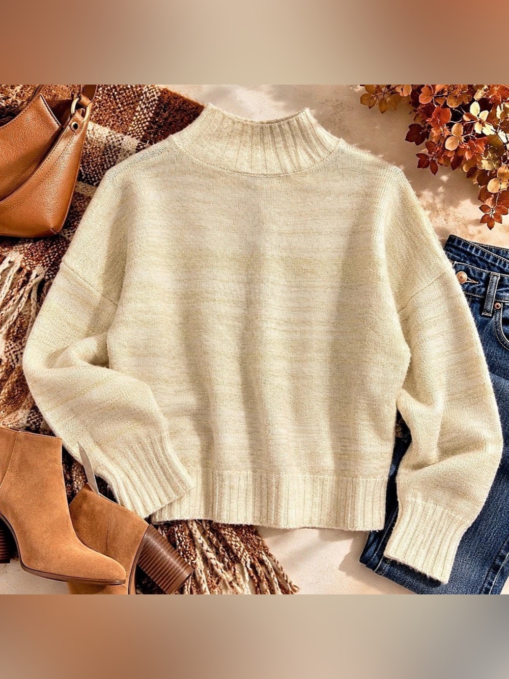 NSR Cream Gold Metallic Wool Blend Mock Neck Sweater M NWT